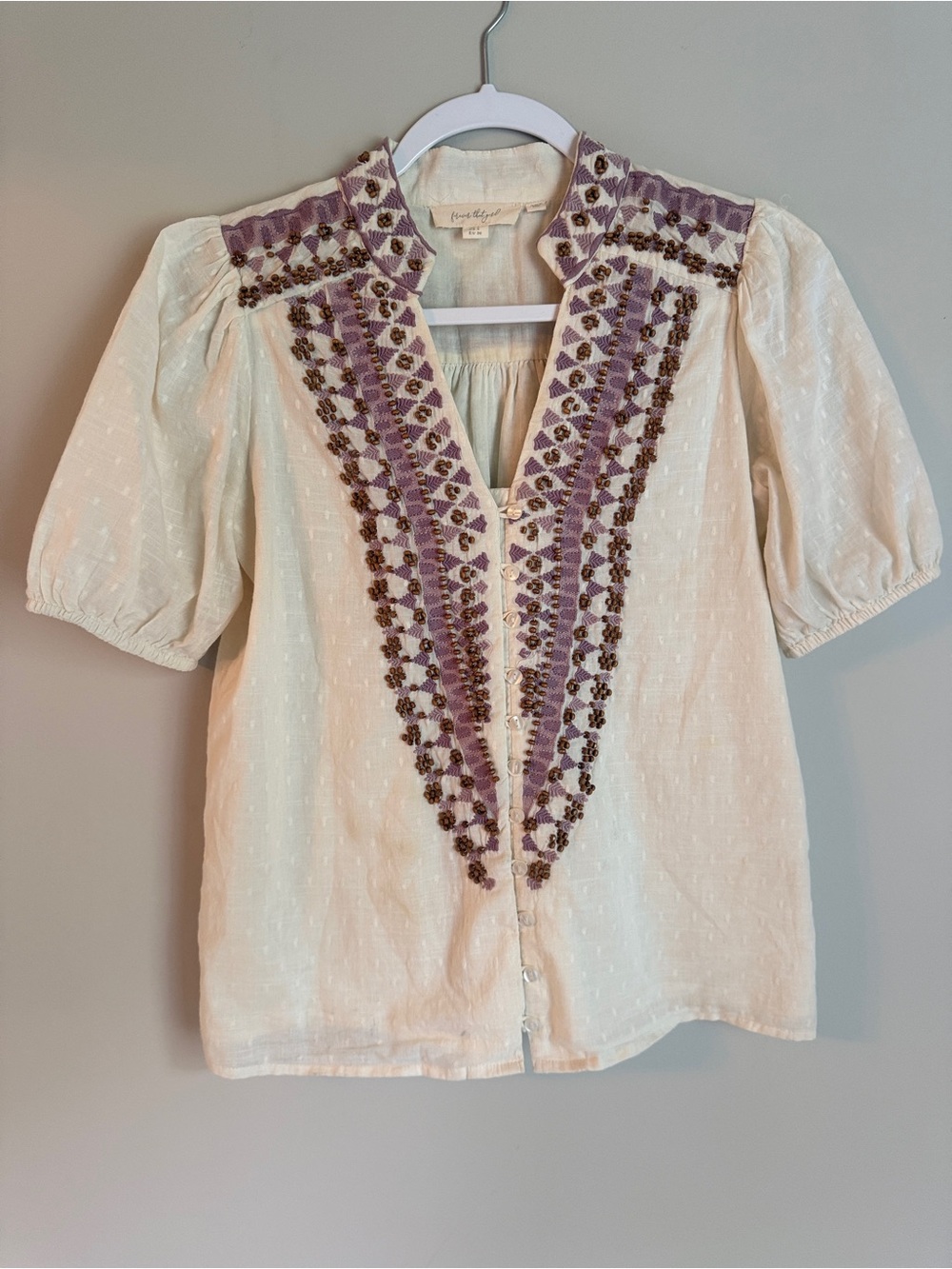 Embroidered  and beaded Cream Blouse Boho, art to wear size 4